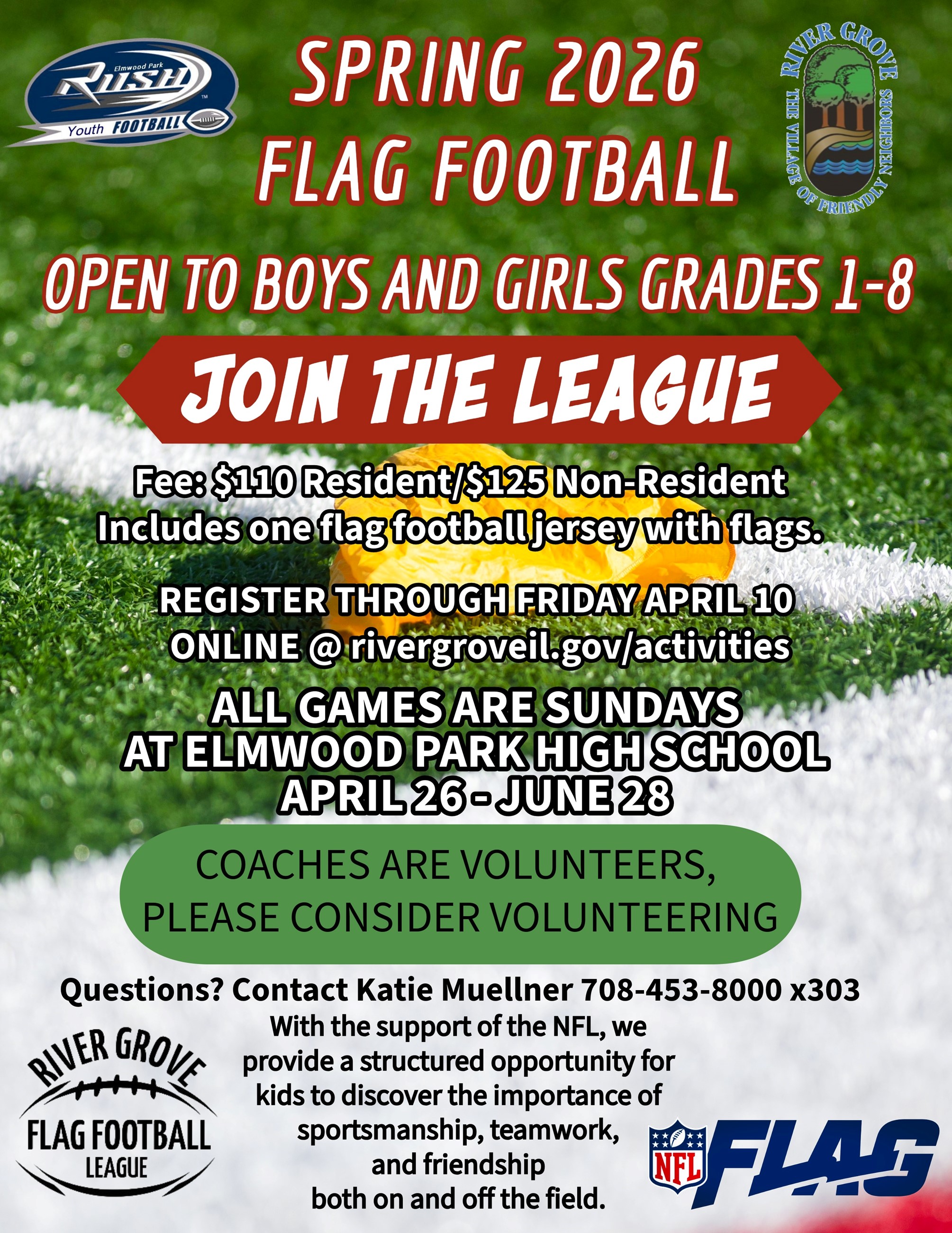 Flag Football Spring 2026 with field in back with yellow flag